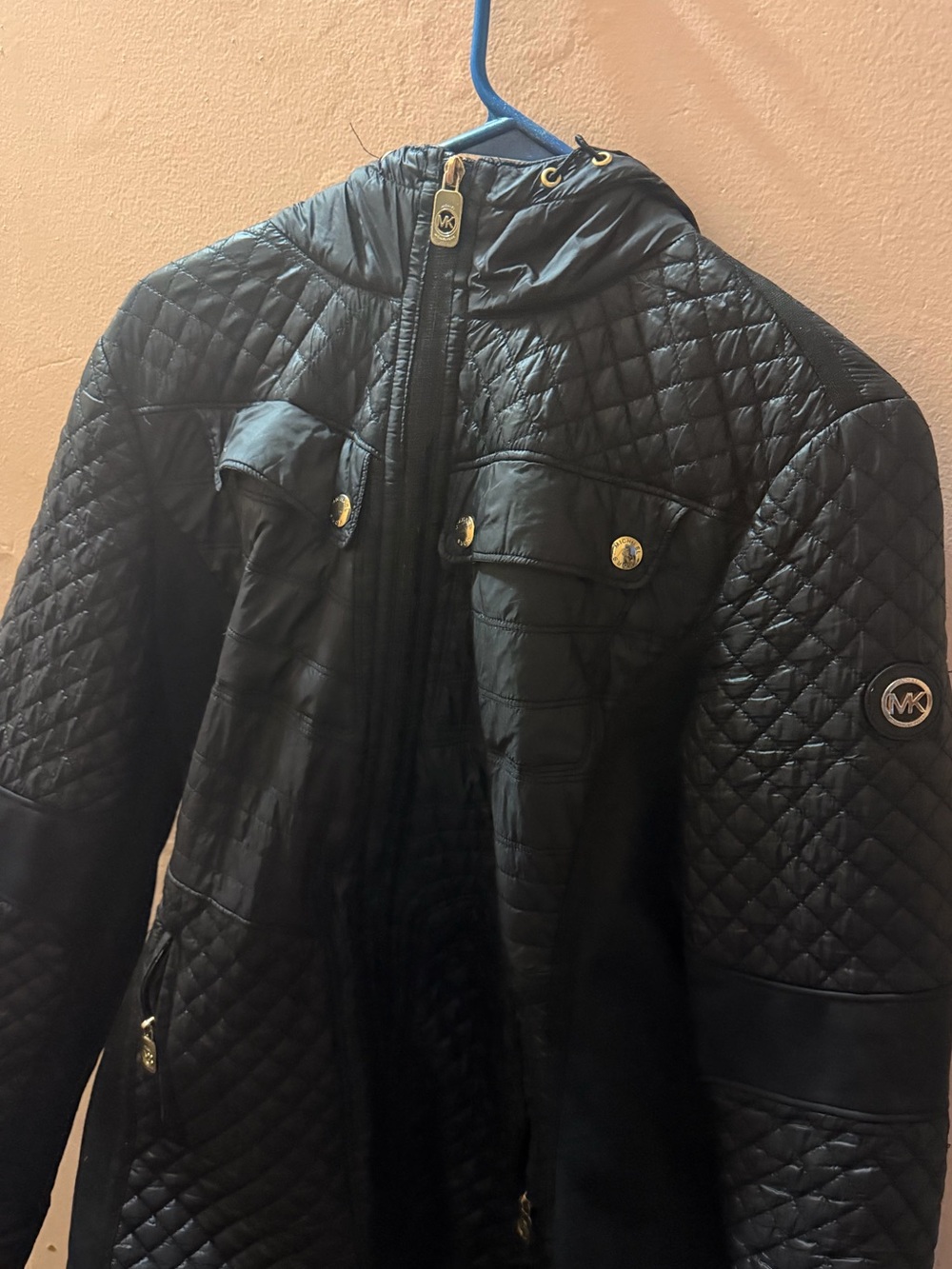 Michael Kors Black Quilted Leather Hooded Coat
